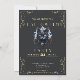 Invitación Pizarra Negra y Dorada Gato Negro Halloween