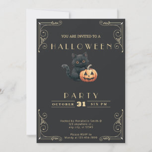 Invitación Pizarra Negra y Dorada Gato Negro Halloween