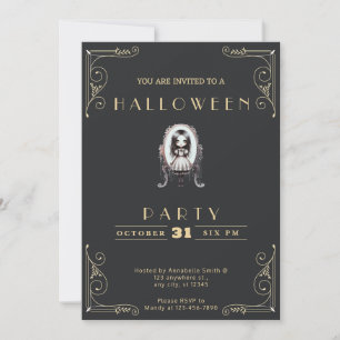 Invitación Pizarra Negra y Dorada Gótica Victoriana Halloween