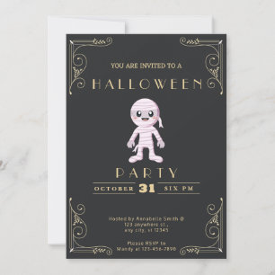 Invitación Pizarra Negra y Dorada Momia Linda Halloween