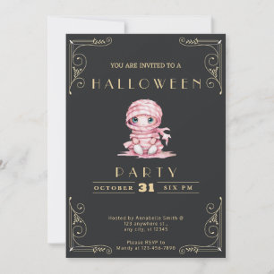 Invitación Pizarra Negra y Dorada Momia Rosa Halloween