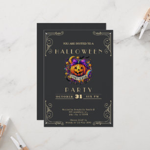 Invitación Pizarra Negra y Dorada Temporada Espeluznante Hall