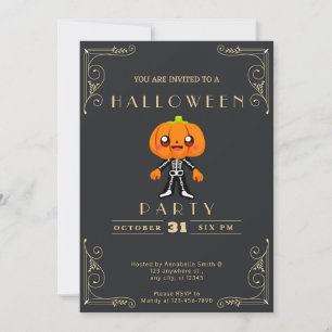 Invitación Pizarra Negra y Dorado Calabaza Linda Halloween