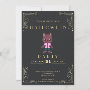 Invitación Pizarra Negra y Dorado Hombre Lobo Lindo Halloween