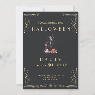 Invitación Pizarra Negra y Esqueleto Dorado Tumba Halloween