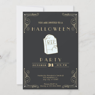 Invitación Pizarra Negra y Gris Dorado RIP Tumba Halloween
