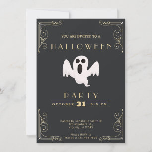 Invitación Pizarra Negra y Oro Blanco Fantasma Halloween