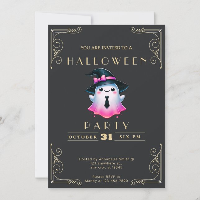 Invitación Pizarra Negro & Dorado Rosa Blanco Fantasma Hallow (Anverso)