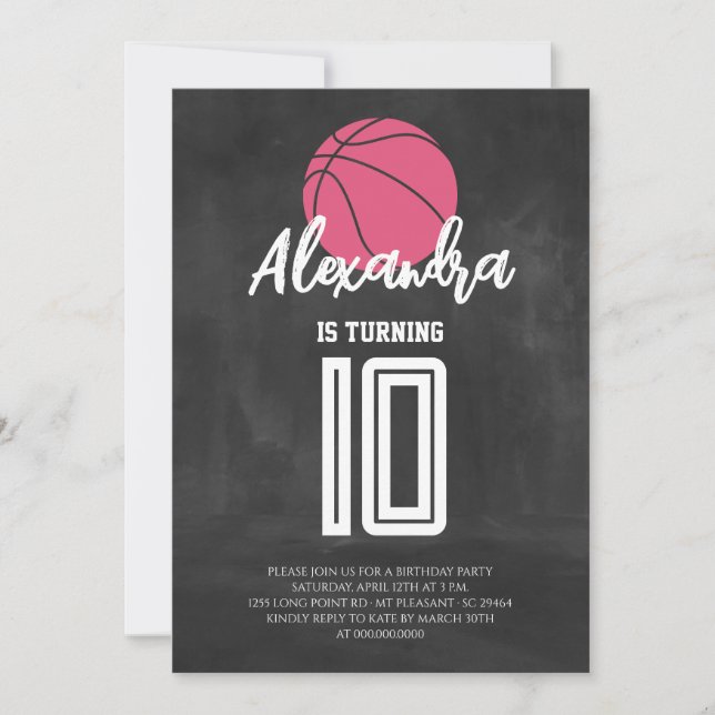 Invitación Pizarra Rosa Cumpleaños Baloncesto (Anverso)