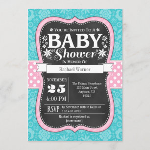 Invitación Pizarra rosada Baby Shower floral de la turquesa