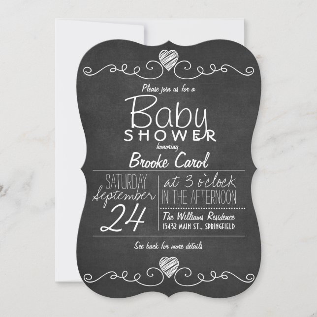 Invitación Pizarra Rústica Negra y Blanca, Baby Shower Cardía (Anverso)
