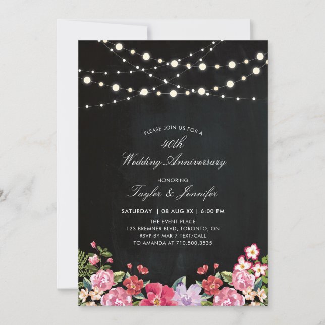 Invitación Pizarra y luces de cuerda 40 Aniversario de bodas (Anverso)