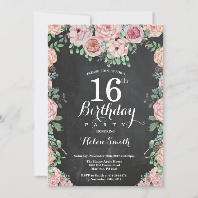 Invitación Pizarras de Cumpleaños 16 con Peonías Rosadas Flor (Anverso)