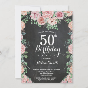 Invitación Pizarras de Cumpleaños 50 Flor de Peonía Rosa