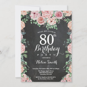 Invitación Pizarras de cumpleaños 80 con peonías rosadas flor