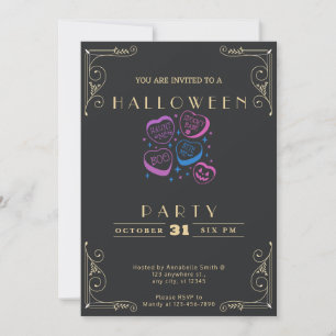Invitación Pizarrón Negro y Dorado Corazones de Convo Hallowe