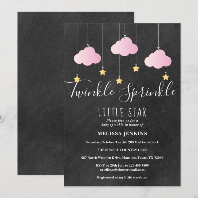 Invitación Pizca de bebé con brillo rosa en pizarra (Anverso / Reverso)