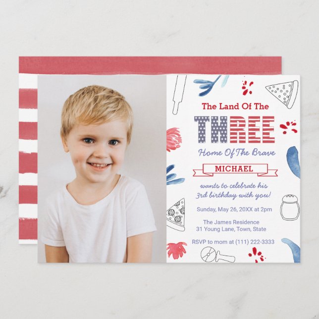 Invitación Pizza 3er Fiesta de cumpleaños foto italiana norte (Anverso / Reverso)