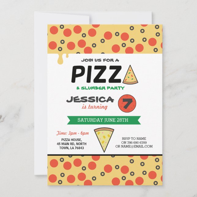 Invitación PIZZA - Alumnos de fiesta de cumpleaños durmiendo  (Anverso)
