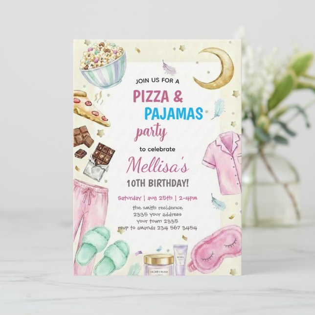 Invitación Pizza and Pajamas Sleepover Slumber Party Birthday (Anverso de pie)