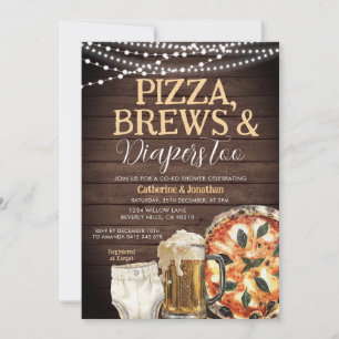 Invitación Pizza, breas y pañales también, Baby Shower Wood