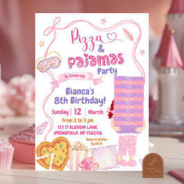 Invitación Pizza Chica de pelo rojo y oso rosa y Pajamas Cump