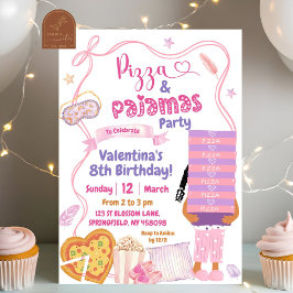 Invitación Pizza Chica rosada bajo afro y pijama Cumpleaños