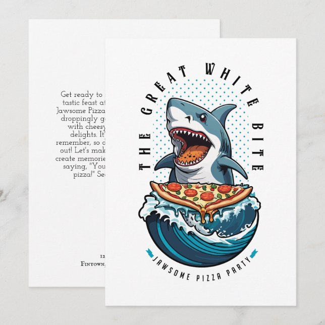 Invitación Pizza de Comer Tiburón | El gran jawsome blanco (Anverso / Reverso)