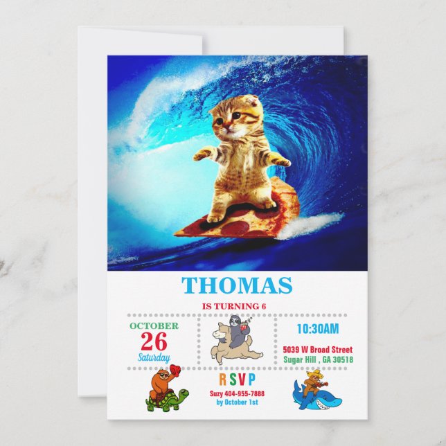 Invitación Pizza de surf para gato (Anverso)