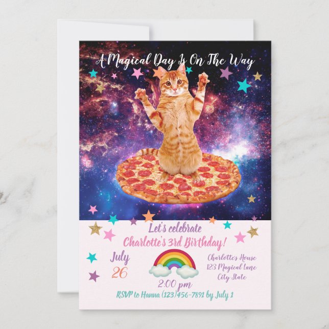 Invitación Pizza espacial gato (Anverso)