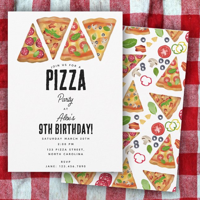 Invitación Pizza Fiesta acuarela Niños cumpleaños (Pizza Party Theme Watercolor Birthday Kids Invitation)