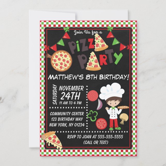 Invitación Pizza Fiesta Brown Hair Boy Kids Fiesta de cumplea (Anverso)