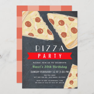 Invitación Pizza Fiesta Chalkboard Red Gingham Adultos Cumple