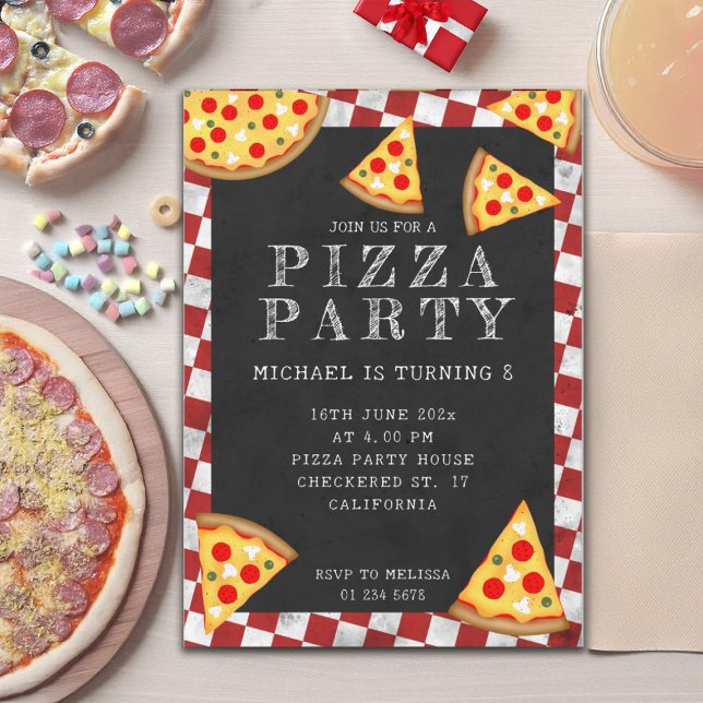 Invitación Pizza fiesta recortes de niños cumpleaños retro a  (Pizza party kids birthday checkered retro pattern Invitation. Personalize fun birthday invite.)