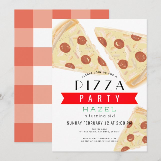 Invitación Pizza Fiesta Red Gingham Birthday (Anverso / Reverso)