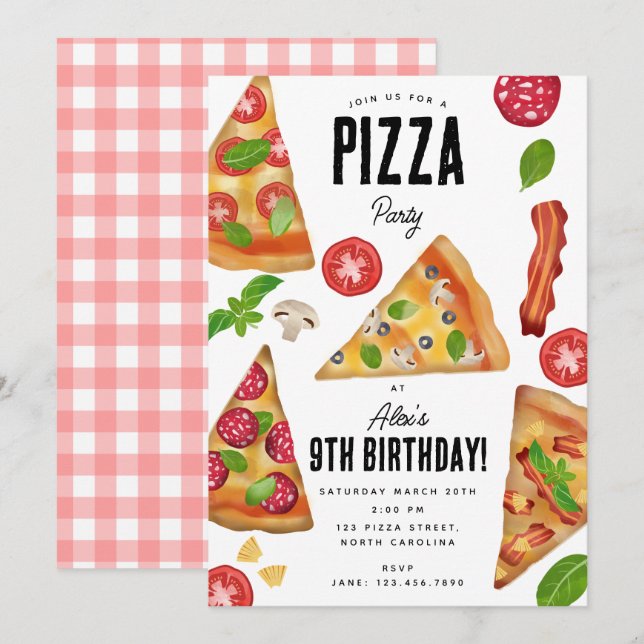 Invitación Pizza Fiesta Tema Acuarela Cumpleaños (Anverso / Reverso)