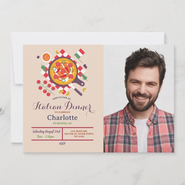 Invitación Pizza Italiana Cena Fiesta de Cumpleaños Fotografí (Anverso)