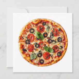 Invitación pizza italiana con tomates, aceitunas y albahaca