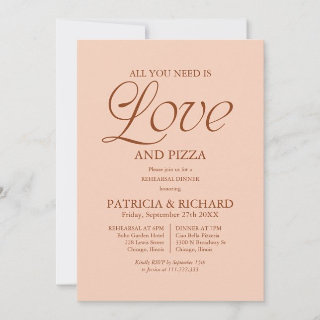 Invitación Pizza Moderna Ensayo de Boda Melocotón Suave (Anverso)