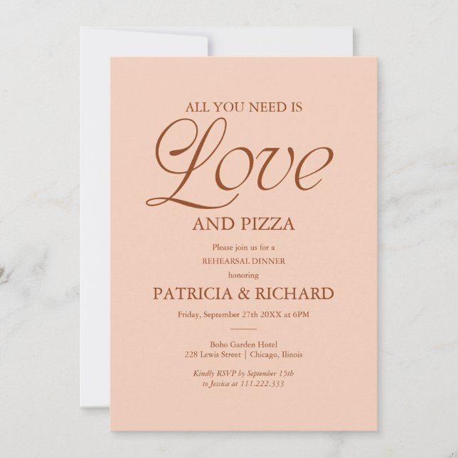 Invitación Pizza Moderna Ensayo de Boda Melocotón Suave (Anverso)
