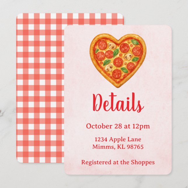 Invitación Pizza Party Details Card | Heart Pizza Red Checker (Anverso / Reverso)