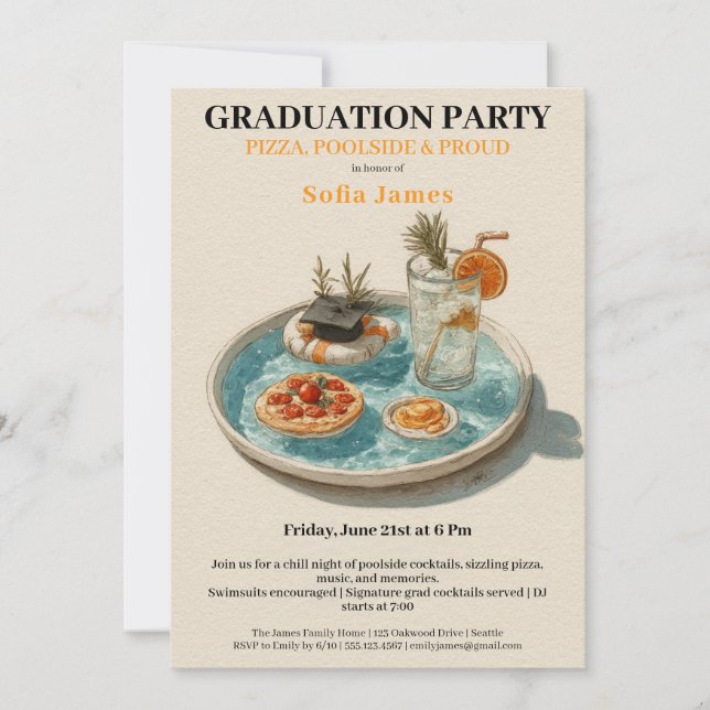 Invitación Pizza, Poolside, Pool Party | graduation party (Anverso)
