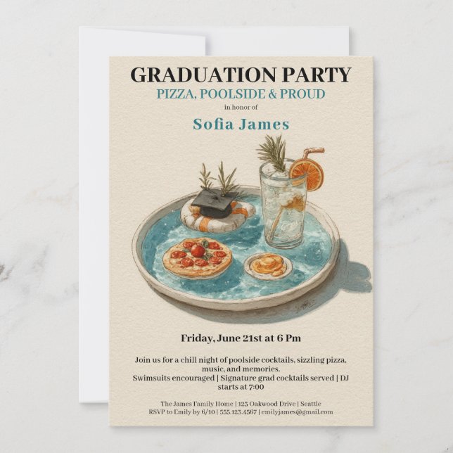 Invitación Pizza, Poolside, Pool Party | graduation party (Anverso)