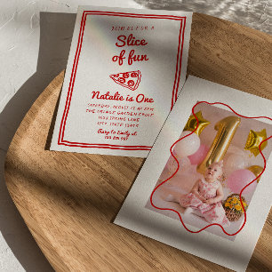 Invitación Pizza Retro Primera Troza De Fun Fotográfico Cumpl