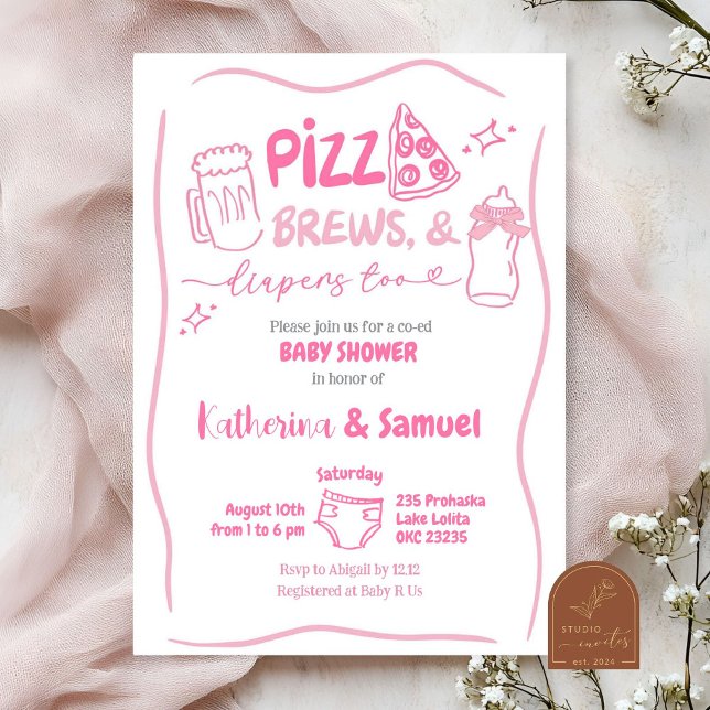 Invitación Pizza rosa, brews and Diapers Co-Ed Baby Shower (Subido por el creador)