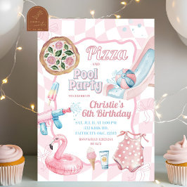 Invitación Pizza rosa pastel Groovy y piscina Cumpleaños de v