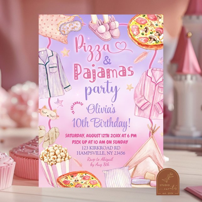 Invitación Pizza rosa y morada y cumpleaños de Pajamas (Subido por el creador)