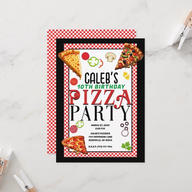 Invitación Pizza Toppings Fiesta de Cumpleaños de la Pizzeria (Anverso/Reverso In Situ)