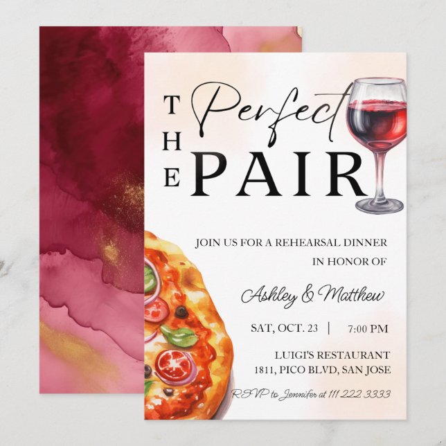 Invitación Pizza Wine Rehearner Dinner Perfect Pair (Anverso / Reverso)