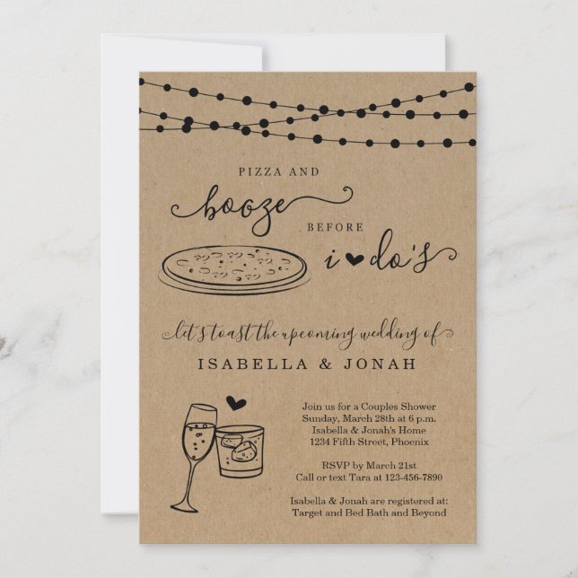 Invitación Pizza y alcohol antes de la ducha nupcial de dos p (Anverso)